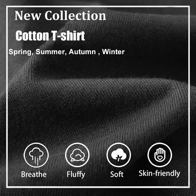 New Collection Cotton T-shirt showcasing fabric features for all seasons - breathable, fluffy, soft, and skin-friendly.