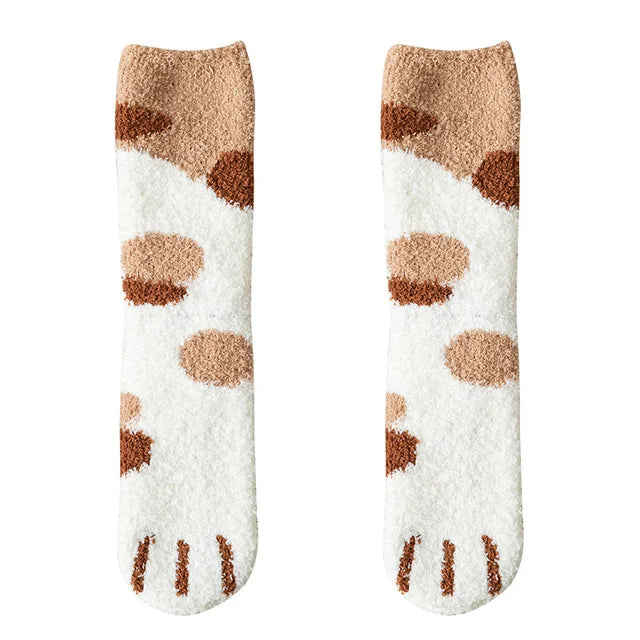 Calcetines blancos de dibujos animados Kawaii para mujer, bonitos calcetines 3d con diseño de pata de perro y gato, calcetines cálidos y divertidos de lana para dormir en el suelo del hogar
