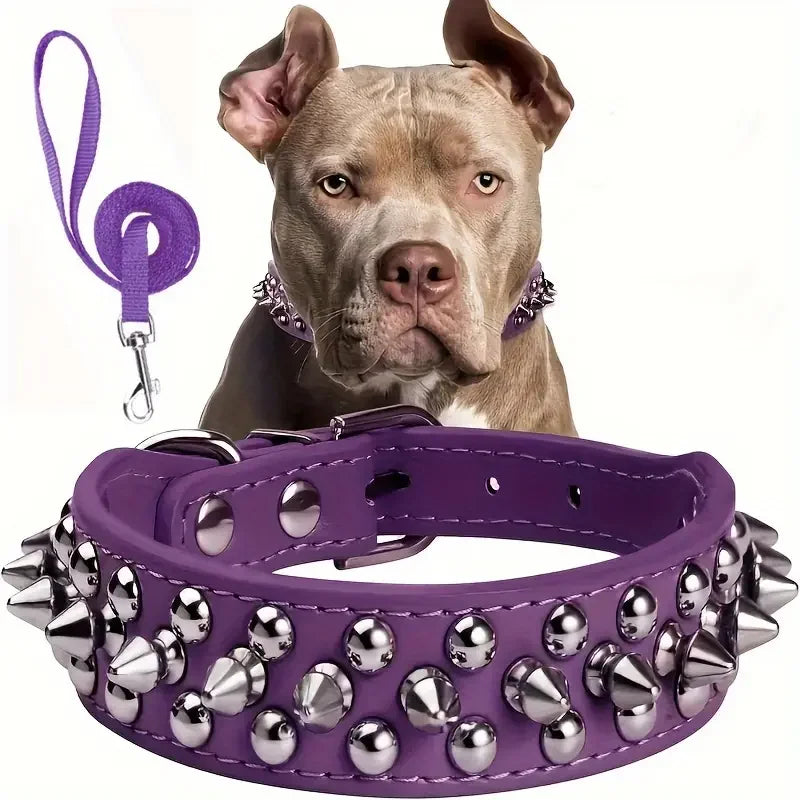 Juego de Collar y correa para perro con pinchos, Collar de perro de cuero con remaches, Collar ajustable para caminar al aire libre