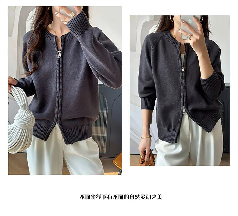 YTFidio 100% de algodón para mujer, cárdigan liso con cremallera gruesa y cuello redondo, ropa de diseñador de lujo, jersey para mujer, Tops femeninos 401