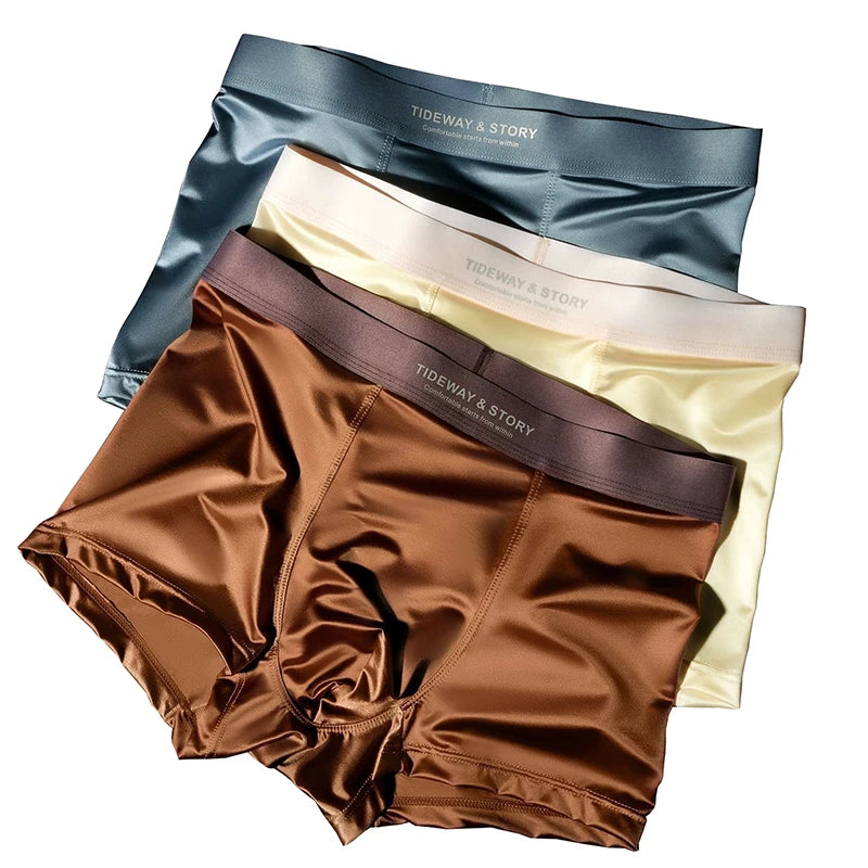 Ropa interior para hombre, pantalones cortos de cuatro esquinas de esquina plana transpirables de seda satinada de lujo ligera de alta gama, seda helada, sin marcas, 4 Uds.