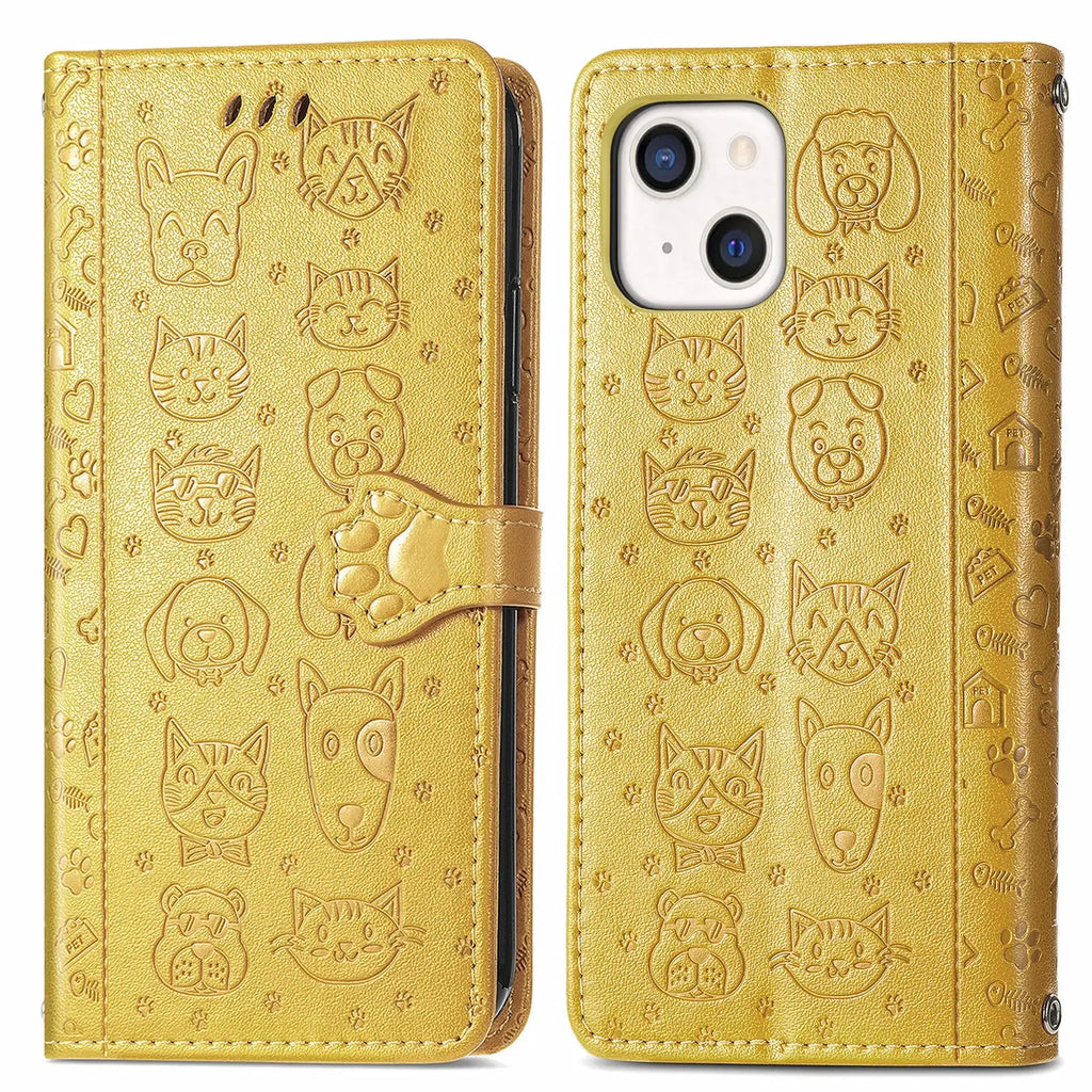 Funda de cuero de lujo con diseño de perro y gato para iPhone 16 15 14 13 12 11 Pro X XR XS MAX 8 7 Plus, bonita funda para teléfono con ranuras para tarjetas, cartera Coque
