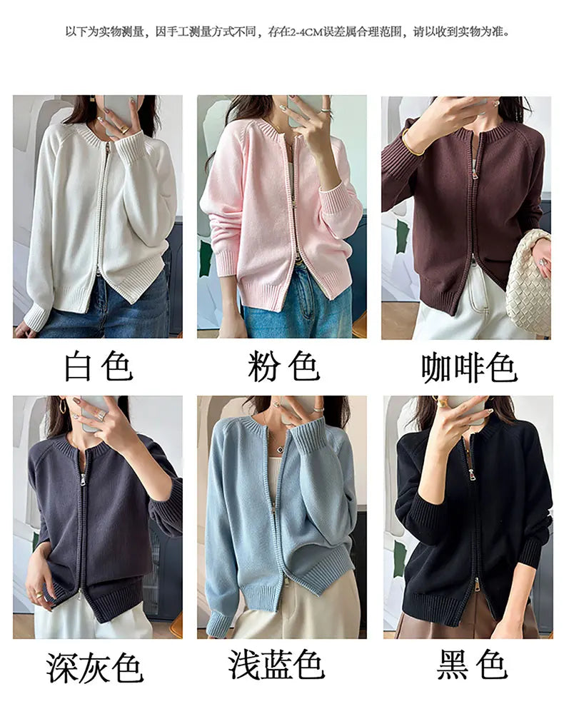 YTFidio 100% de algodón para mujer, cárdigan liso con cremallera gruesa y cuello redondo, ropa de diseñador de lujo, jersey para mujer, Tops femeninos 401