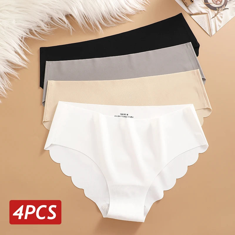 Braguitas de Seda de Hielo sin Costuras, 4 Piezas/Juego, Braguitas de Mujer de Color Sólido, Ropa Interior Elástica, Ultrafinas, sin Rastro, con Laterales Ondulados