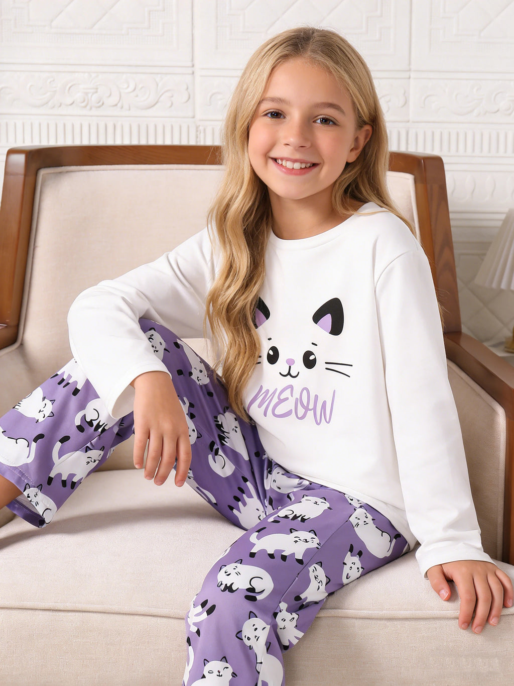 Conjunto de ropa para el hogar para niñas, top de manga larga y pantalones con diseño de gato, pijamas casuales y ropa de dormir adecuada para uso diario en el hogar