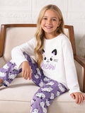 Conjunto de ropa para el hogar para niñas, top de manga larga y pantalones con diseño de gato, pijamas casuales y ropa de dormir adecuada para uso diario en el hogar
