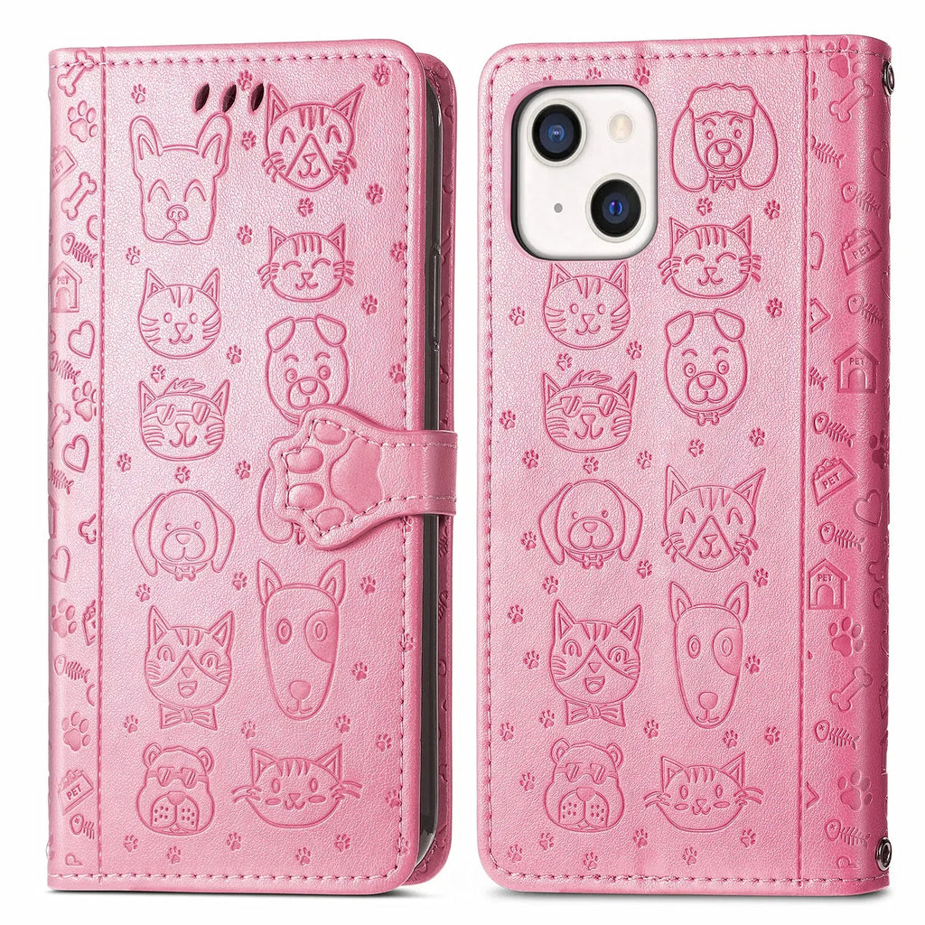 Funda de cuero de lujo con diseño de perro y gato para iPhone 16 15 14 13 12 11 Pro X XR XS MAX 8 7 Plus, bonita funda para teléfono con ranuras para tarjetas, cartera Coque