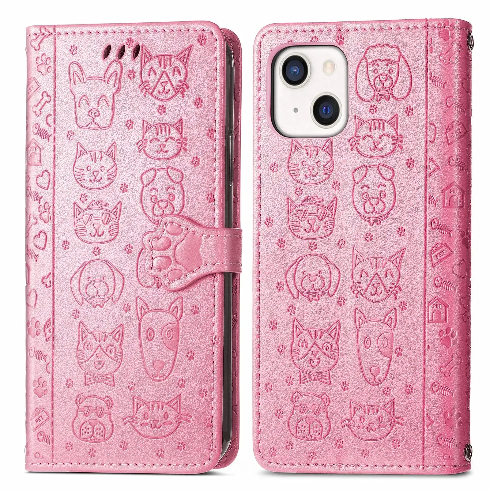Funda de cuero de lujo con diseño de perro y gato para iPhone 16 15 14 13 12 11 Pro X XR XS MAX 8 7 Plus, bonita funda para teléfono con ranuras para tarjetas, cartera Coque