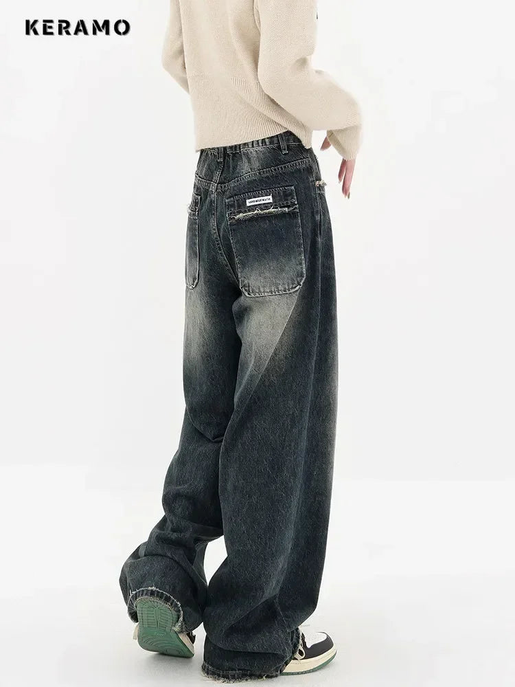 Ropa de calle Harajuku, moda Retro, pantalones vaqueros de cintura alta para mujer, pantalones vaqueros holgados rectos de pierna ancha Y2K, pantalones holgados