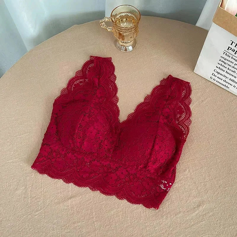 Sujetadores de encaje para mujer, Top con escote en V profundo, lencería Sexy sin aros, camisetas sin mangas, ropa interior femenina, Bralette con espalda en V, camisola acolchada