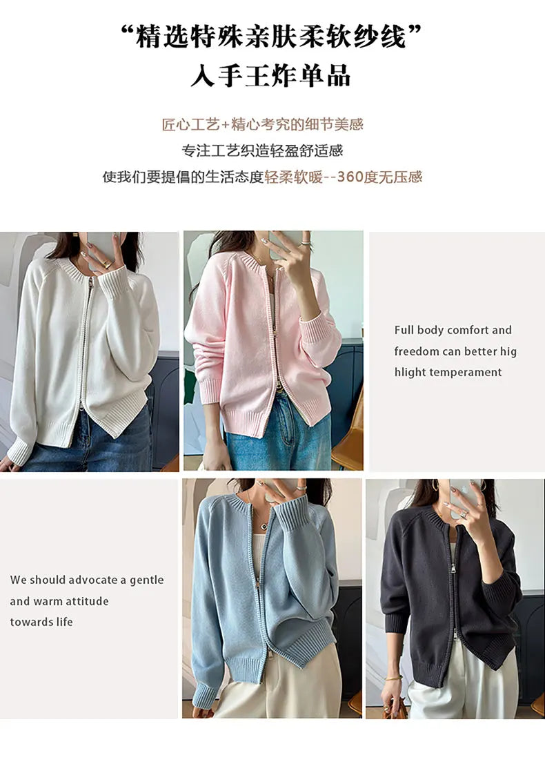 YTFidio 100% de algodón para mujer, cárdigan liso con cremallera gruesa y cuello redondo, ropa de diseñador de lujo, jersey para mujer, Tops femeninos 401