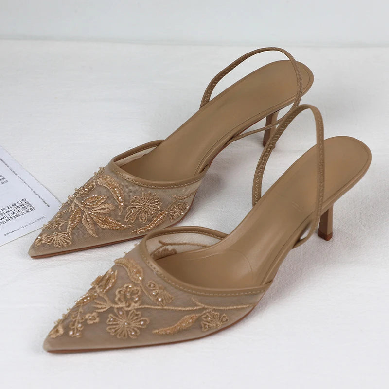 Sandalias de tacón alto de marca de lujo para mujer, zapatos de vestir de novia con bordado de malla, elegantes y puntiagudos, para fiesta de noche y boda