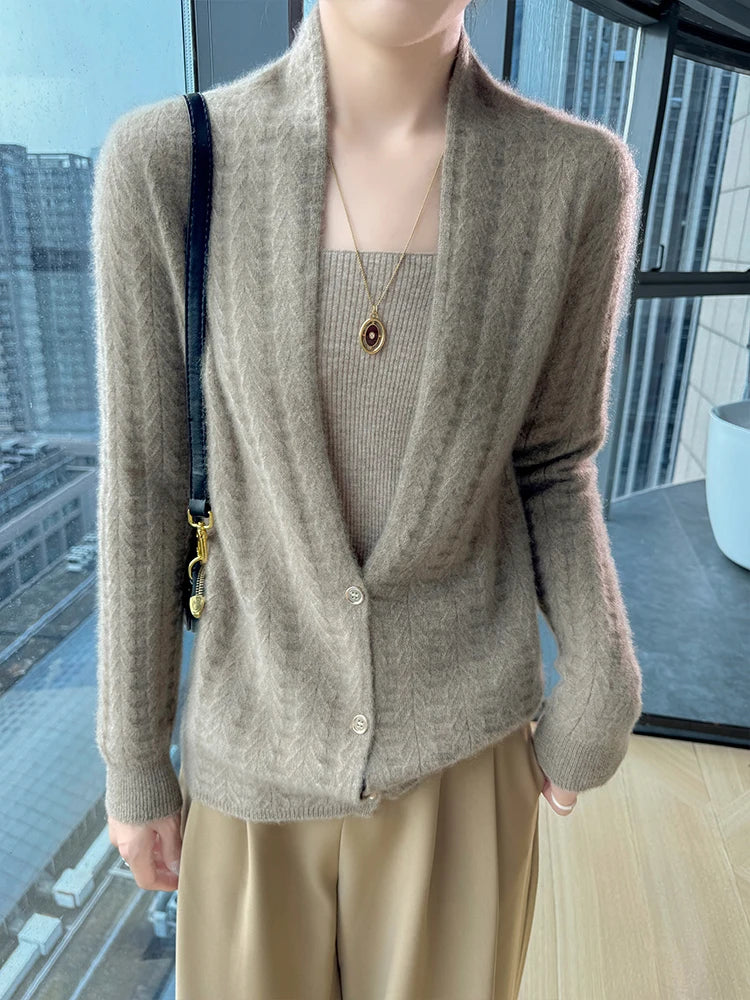 Cárdigan con cuello de bufanda para mujer, Tops, Otoño Invierno, nuevo suéter elegante de lana merina de 100%, suéter de lana elegante para mujer, blusa suave elegante