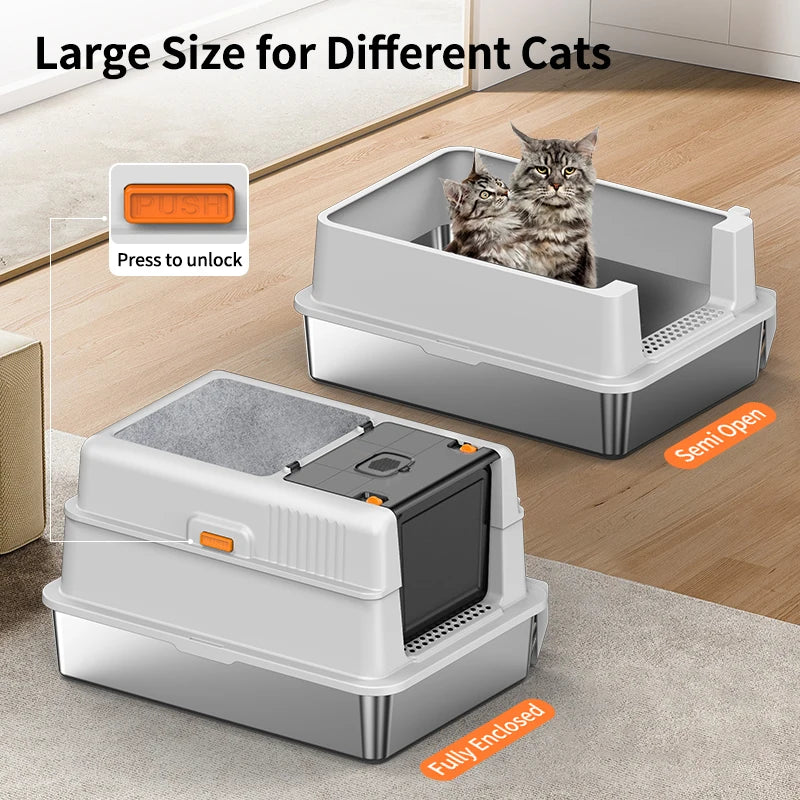 Caja de arena para gatos grande de acero inoxidable XXXL con tapa y almohadilla raspadora, 70 cm adecuada para cajas de arena para gatos de acero inoxidable extragrandes, 180 °     Tapa abatible y diseño tres en uno, adecua