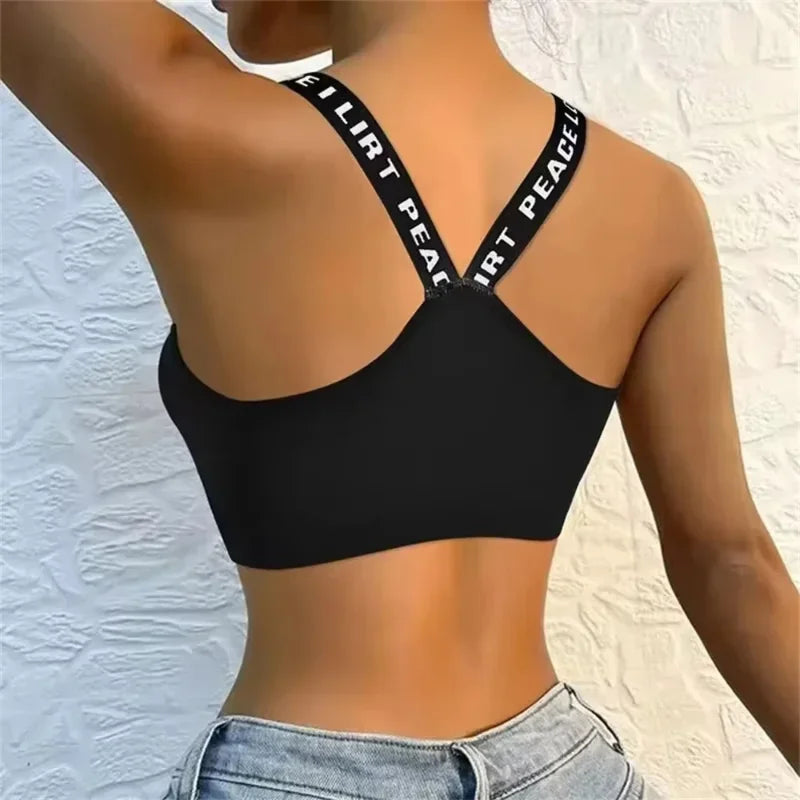Ropa Interior Deportiva para Mujer, Top Corto sin Costuras para Yoga y Fitness, con Tirantes Anchos con Letras, Cómodo para Entrenamiento, sin Varillas