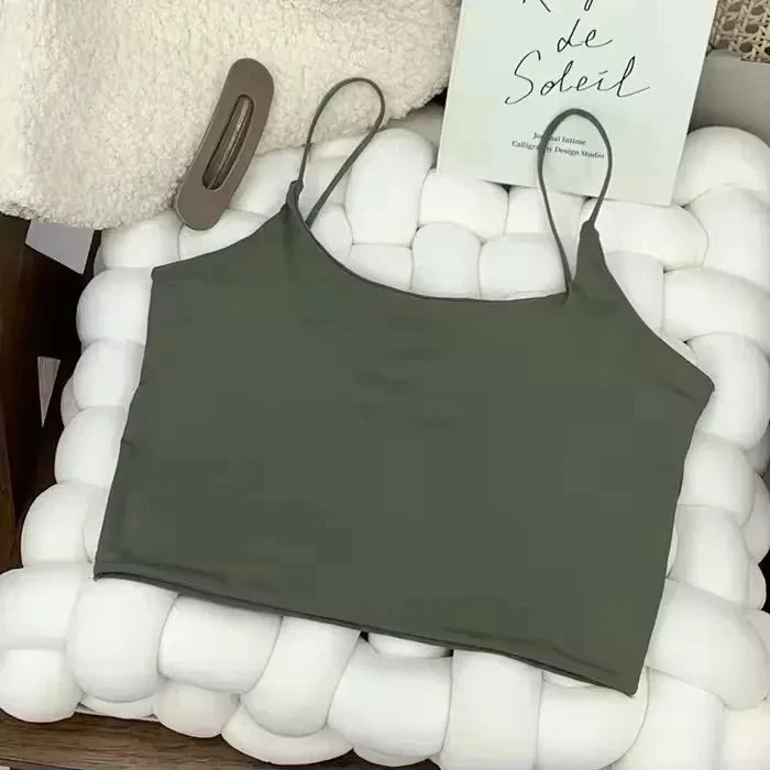 Top con sujetador de verano para mujer, Top corto de seda helada, Tops de tubo sin costuras, camisola, ropa interior, moda coreana, Bralette con relleno liso, chaleco
