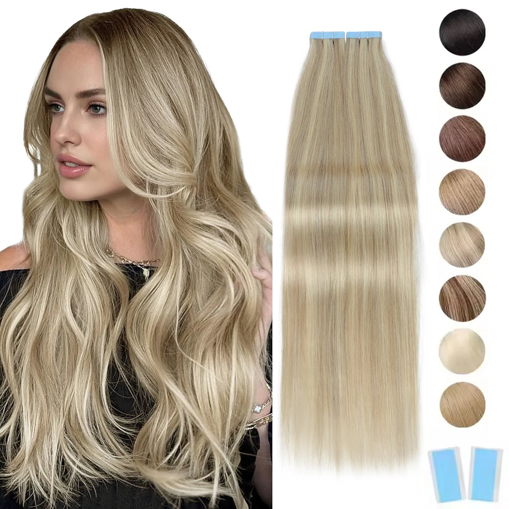 MRSHAIR cinta en extensiones de cabello cabello humano Rubio cinta sin costuras extensiones de cabello 4x0,8 cm trama de piel cinta de PU en el cabello 20 piezas 12 "-24"