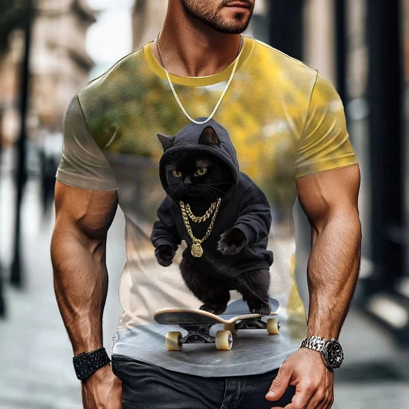 Camiseta de gato divertida para hombre con gráfico de gato en patineta, estilo informal y moderno.