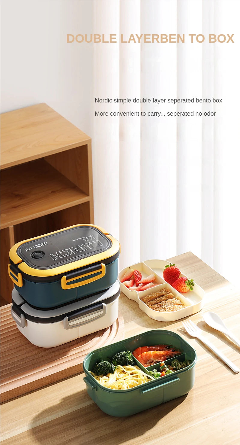 Fiambrera Bento de 2 capas con cuchara y tenedor para niños, contenedores de comida de Microwae de alta capacidad, portátiles, a prueba de fugas, para oficina y Camping, 1200ML