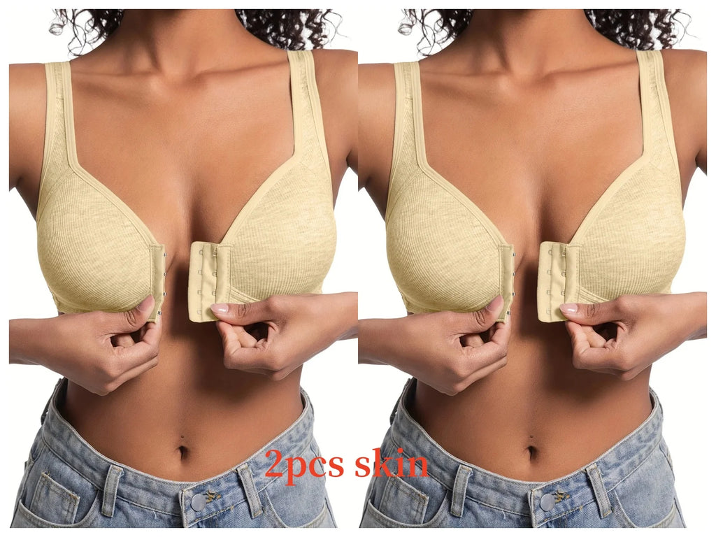 Sujetador de mujer sin aros con cierre frontal, color sólido, cobertura total, copas fijas, más consideradas para personas de mediana edad y mayores individuales