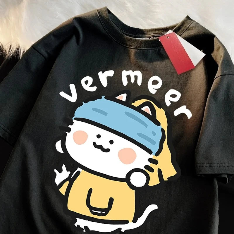Camisetas divertidas de gato Cosplay Vermeer de estilo japonés, camiseta suave a la moda para mujer, camisetas para el sudor de Hip Hop, camisetas informales, camisetas gráficas
