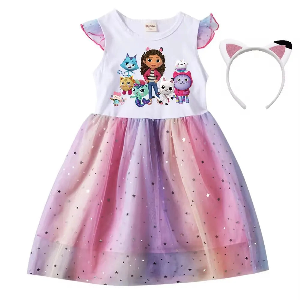 Vestido de gato de dibujos animados para niñas, vestido de princesa estampado con diadema, vestido tutú con mangas voladoras para niños, vestido de cumpleaños de Pascua