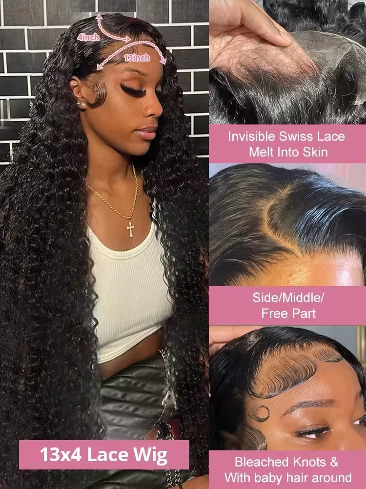 Peluca frontal de encaje HD 13x6 con densidad del 250%, cabello humano virgen rizado de onda profunda, pre-arrancada, con ondas de agua, para mujeres negras, brasileña