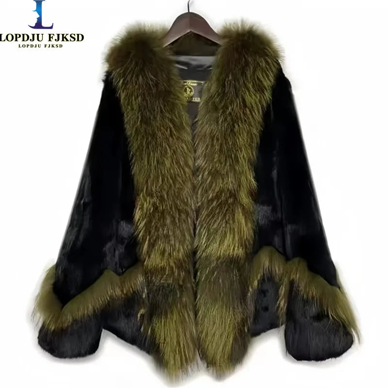 Abrigo de piel de conejo Rex auténtica para mujer, Chaqueta corta gruesa y cálida con cuello de piel de perro mapache, prendas de vestir exteriores cálidas elegantes para otoño e invierno