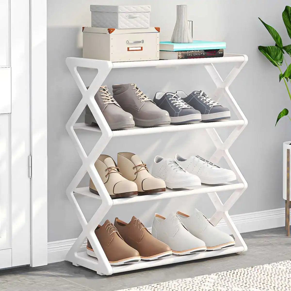 Zapatero de 4 Niveles en Forma de X, Multifuncional, a Prueba de Polvo, para Dormitorios, Entradas, Pasillos y Habitaciones