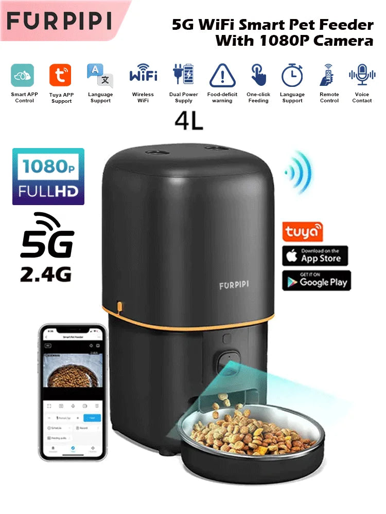 Alimentador automático para gatos, cámara inteligente para mascotas, dispensador de comida para gatos, 2,4G/5GWiFi, Control por aplicación Tuya, alimentador automático para accesorios para perros y gatos