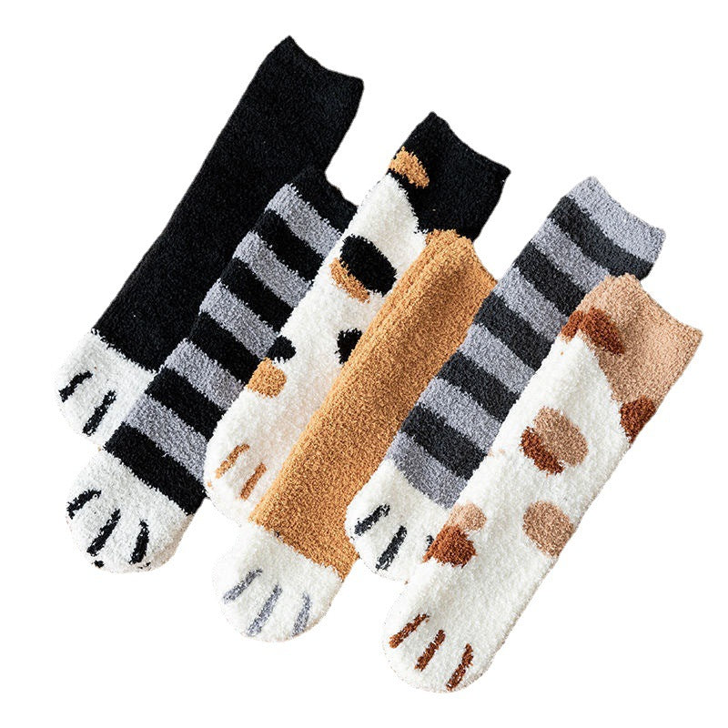 Calcetines blancos de dibujos animados Kawaii para mujer, bonitos calcetines 3d con diseño de pata de perro y gato, calcetines cálidos y divertidos de lana para dormir en el suelo del hogar