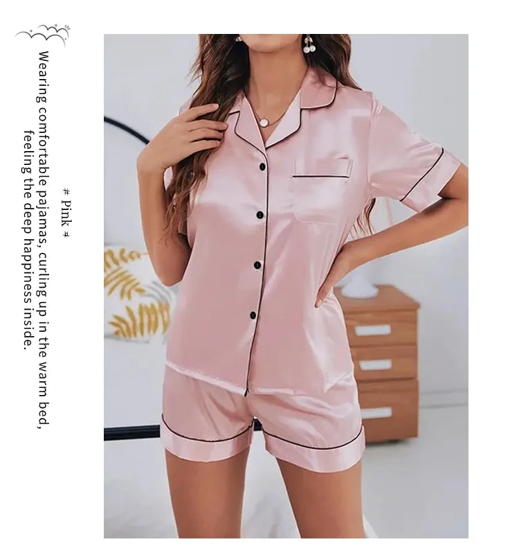 Conjunto de pijama de satén de seda para mujer, Top con botones y pantalones cortos, ropa de dormir con cuello con muescas, ropa de dormir de verano, 2 piezas