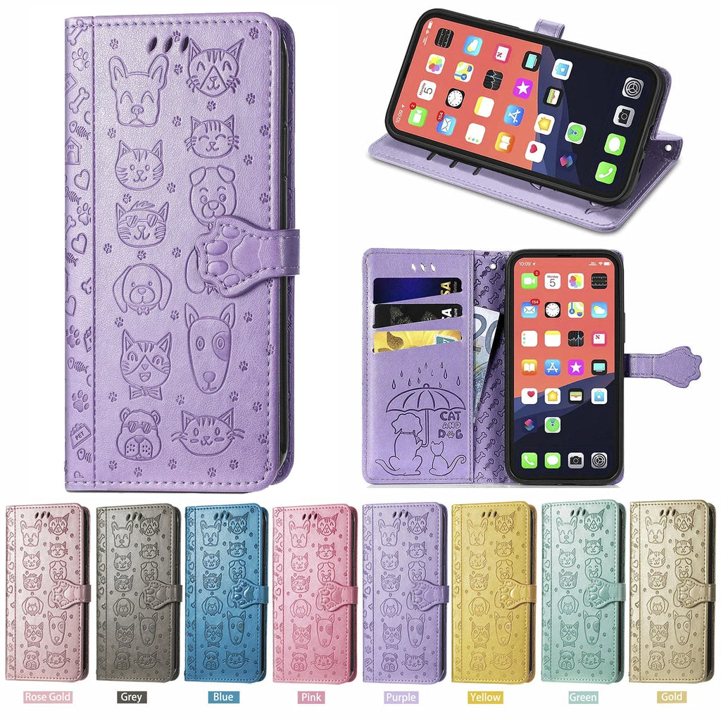 Funda de cuero de lujo para iPhone con diseño de perro y gato en color lila, con ranuras para tarjetas.