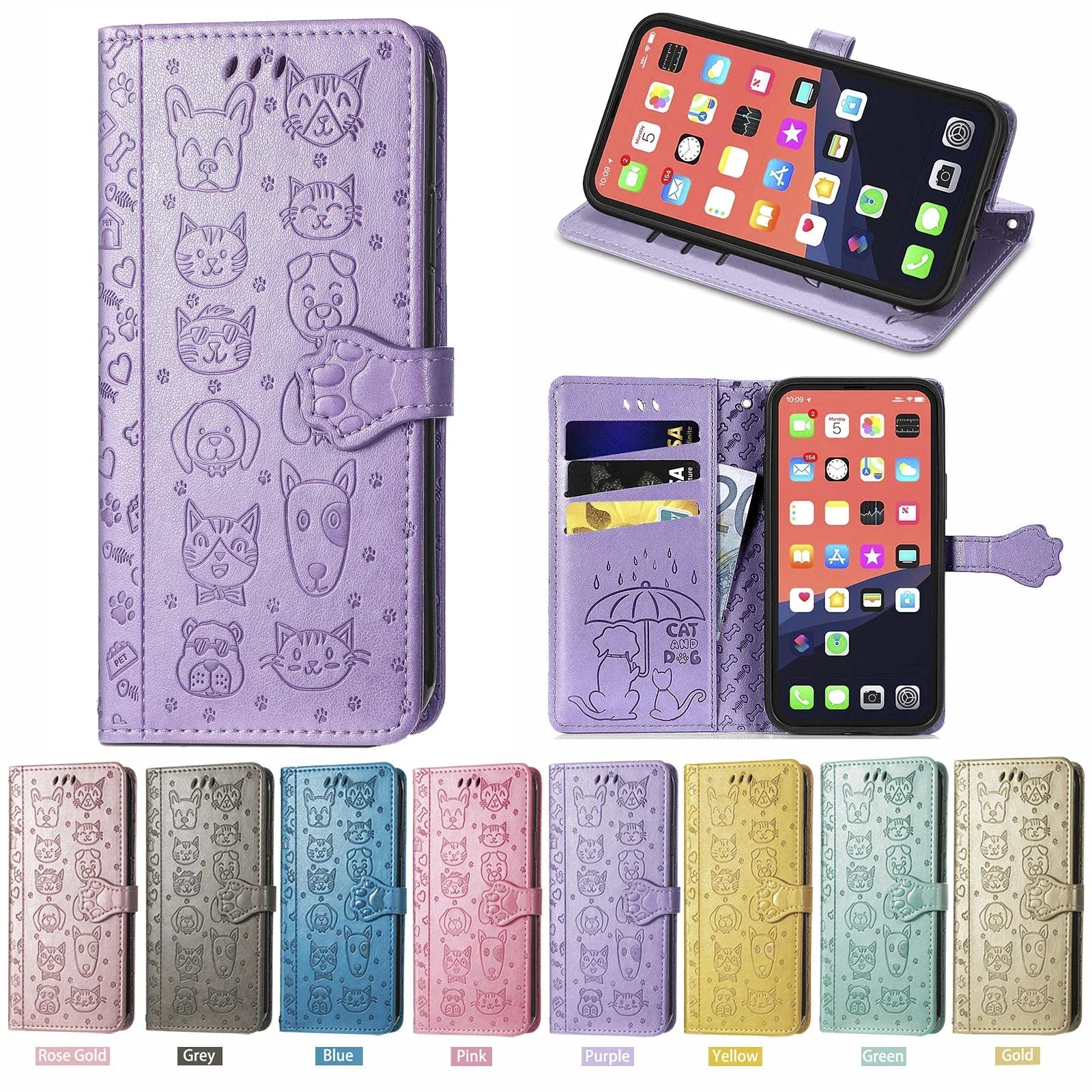 Funda de cuero de lujo para iPhone con diseño de perro y gato en color lila, con ranuras para tarjetas.