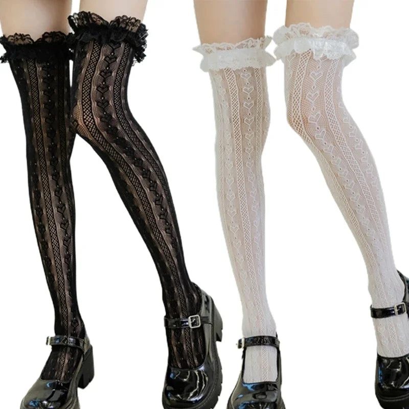 Calcetines hasta el muslo de rejilla estilo japonés para mujer, medias largas por encima de la rodilla con estampado de encaje a rayas y corazón, con volantes, Kawaii