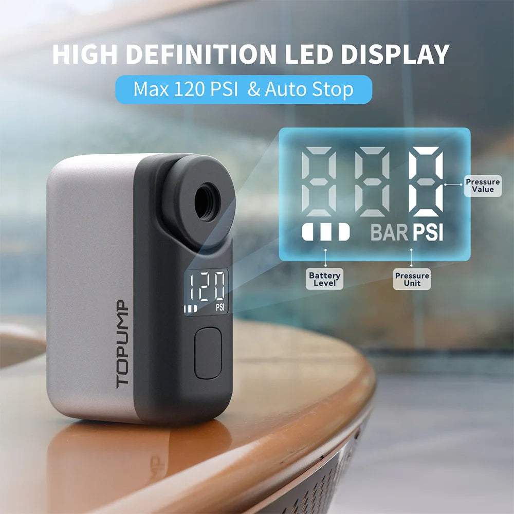 TOPUMP TB2 PRO Mini bomba eléctrica portátil para bicicleta Inflador de neumáticos inalámbrico 120PSI Max 450mAh batería con pantalla de carga rápida
