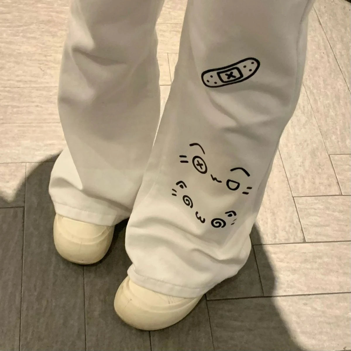 Pantalones largos japoneses Kawaii para mujer, pantalones informales con patrón de gato de dibujos animados Y2K, pantalones deportivos de otoño con subcultura Harajuku dulce