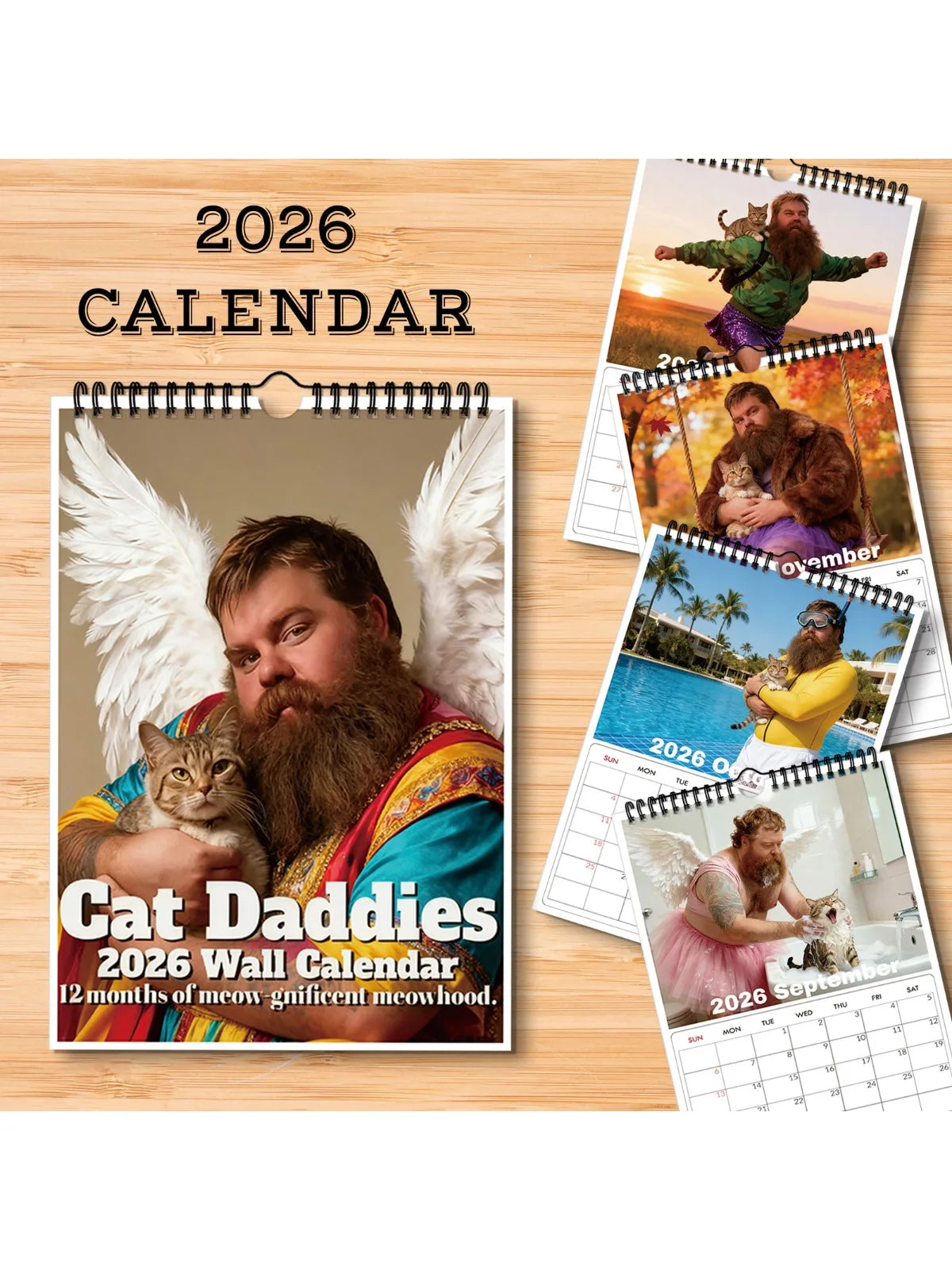 Calendario de pared con temática de Daddies de gato 2026, amantes de los gatos y entusiastas de las mascotas, Ideal para decoración del hogar y la oficina, calendario de pared divertido, 1 ud.
