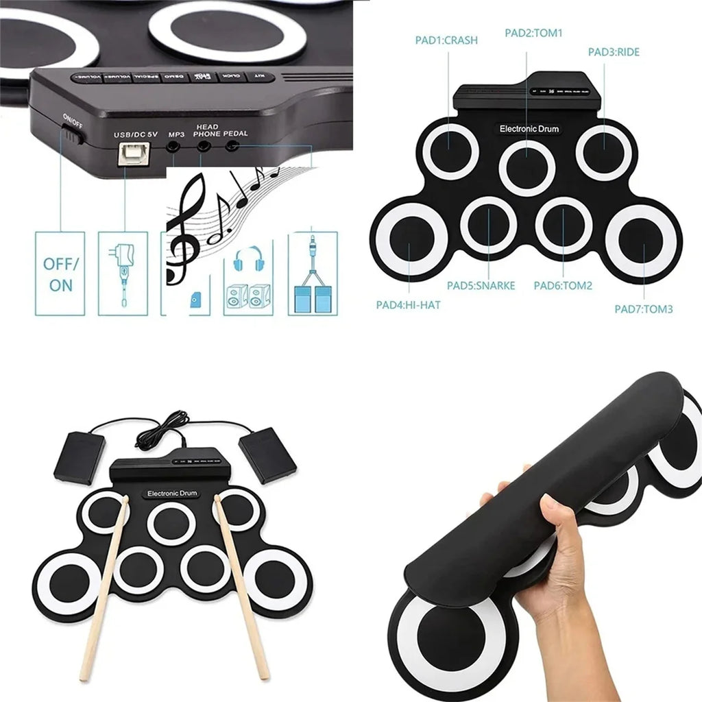 Rollo de mano de silicona plegable, tambor electrónico USB, Kit de almohadilla de práctica portátil con baquetas, Pedal de sostenido, novedad de 2022