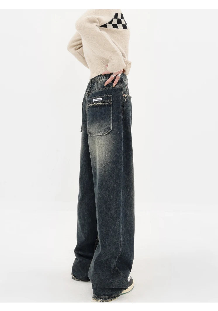 Ropa de calle Harajuku, moda Retro, pantalones vaqueros de cintura alta para mujer, pantalones vaqueros holgados rectos de pierna ancha Y2K, pantalones holgados