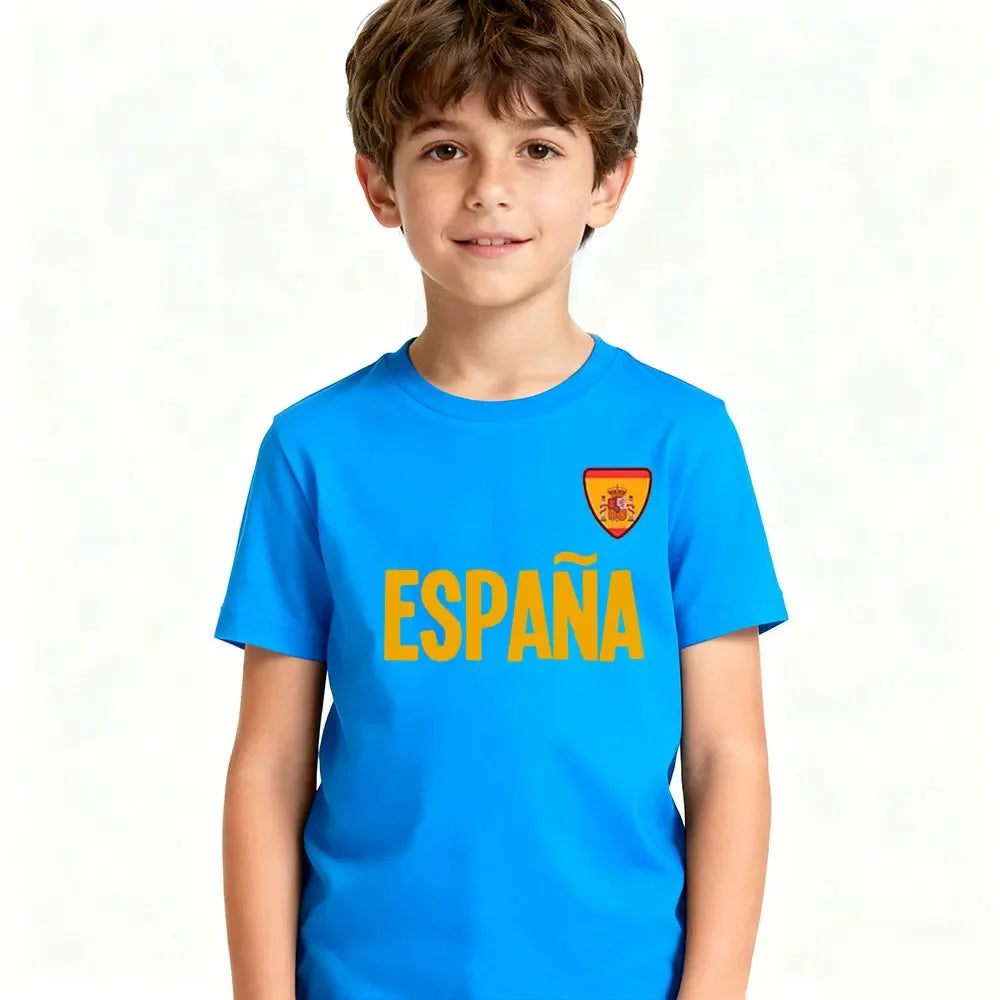 Camiseta ESPANA, ropa informal para la vida diaria de los niños españoles, cuello redondo, camiseta de algodón con estampado del emblema nacional