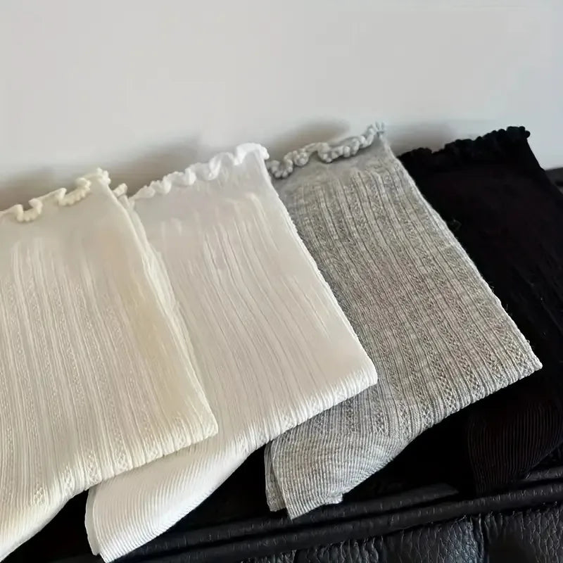 5/10 pares de calcetines de tubo medio de malla de Color sólido para mujer, calcetines informales ligeros transpirables de moda con borde ondulado estilo Ballet