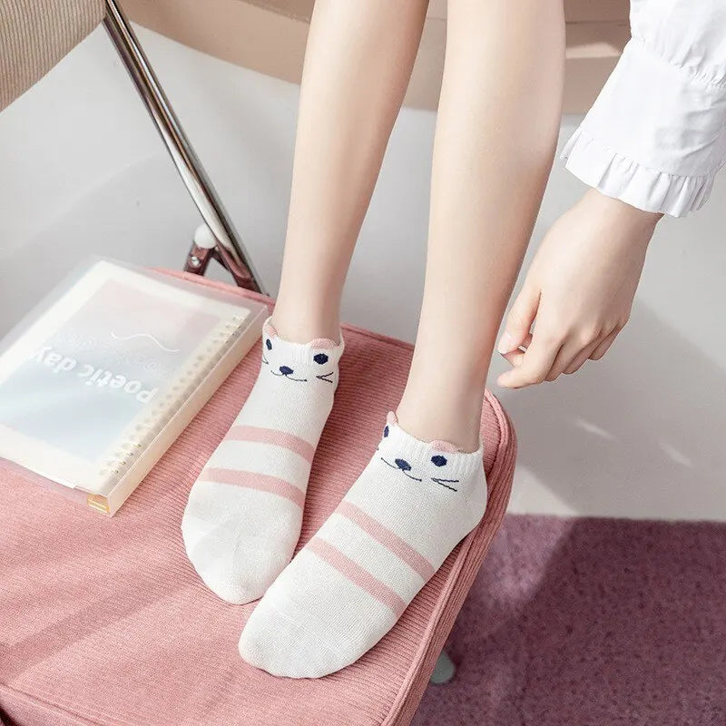 5/10/20 pares de calcetines de tubo corto para mujer, calcetines finos de gato rosa para las cuatro estaciones, bonitos calcetines de barco, calcetines bajos Ins a la moda
