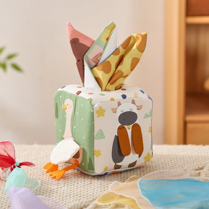 Juguete Montessori para bebé, caja de pañuelos mágicos de algodón, juego de mesa ocupado para ejercicio de los dedos, juguete educativo, juego de sonajero suave, libro de tela, regalo