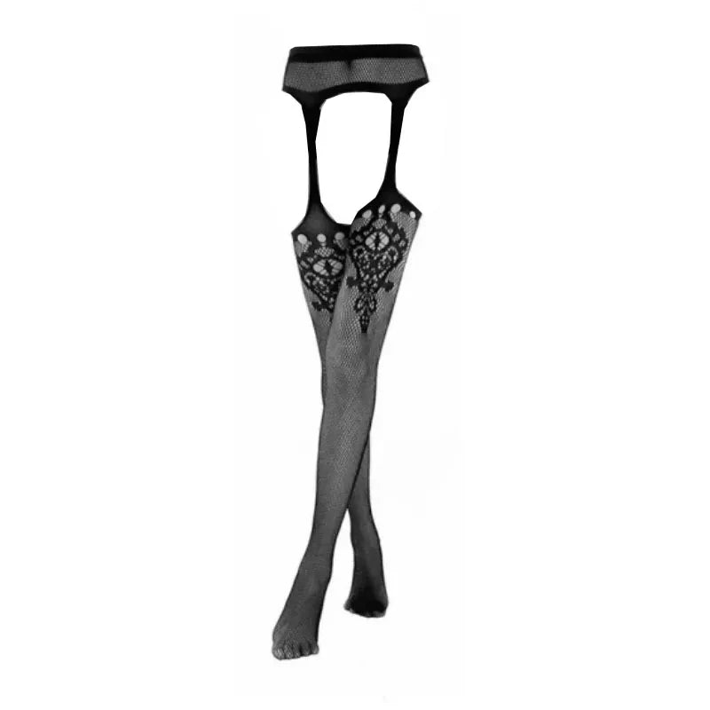 SIMPLEJWEL pantimedias sexis sin entrepierna ahuecadas medias de red de seda negra bragas de cintura alta vestido Sexy