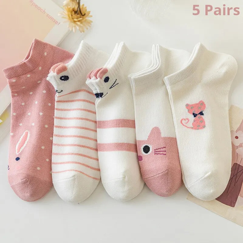 5/10/20 pares de calcetines de tubo corto para mujer, calcetines finos de gato rosa para las cuatro estaciones, bonitos calcetines de barco, calcetines bajos Ins a la moda
