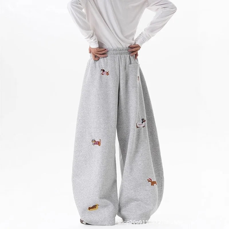 Pantalones de chándal holgados con bordado de perro salchicha, joggers casuales de pierna ancha, estilo streetwear para parejas, divertidos, a la moda y cómodos.