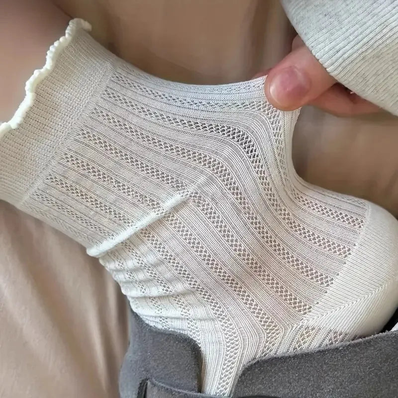 5/10 pares de calcetines de tubo medio de malla de Color sólido para mujer, calcetines informales ligeros transpirables de moda con borde ondulado estilo Ballet
