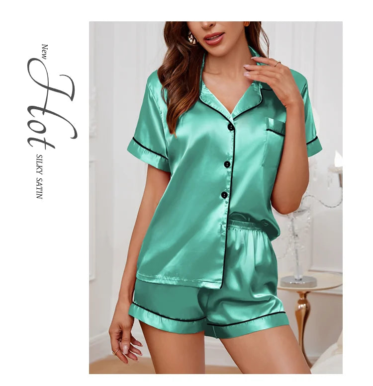 Conjunto de pijama de satén de seda para mujer, Top con botones y pantalones cortos, ropa de dormir con cuello con muescas, ropa de dormir de verano, 2 piezas