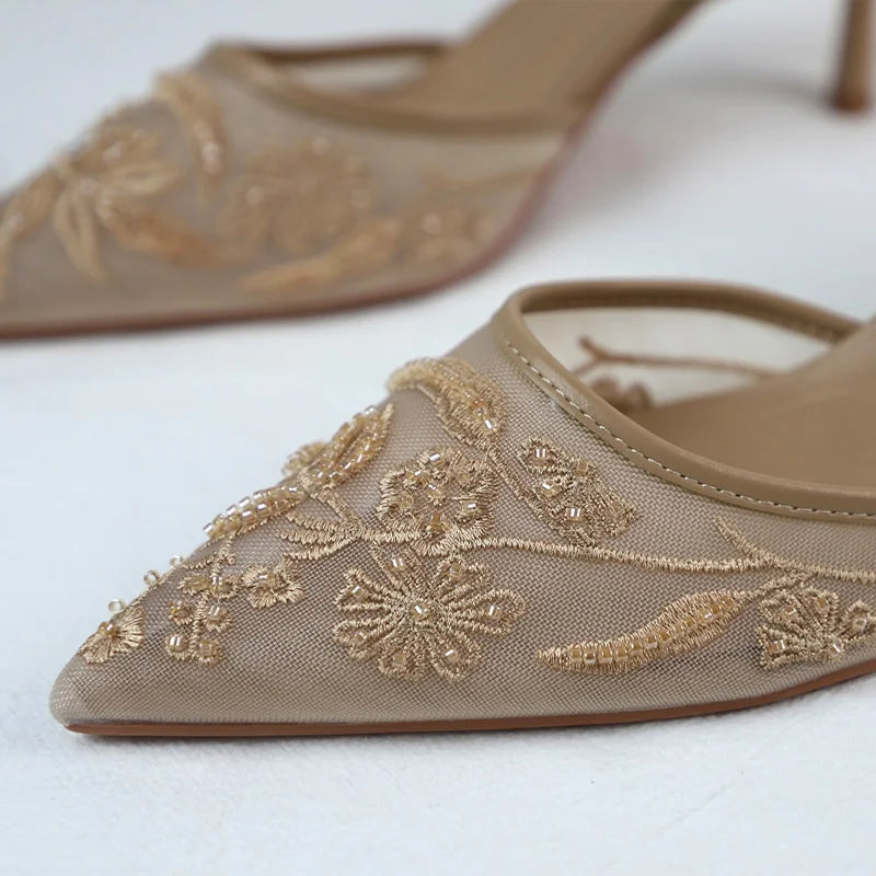 Sandalias de tacón alto de marca de lujo para mujer, zapatos de vestir de novia con bordado de malla, elegantes y puntiagudos, para fiesta de noche y boda